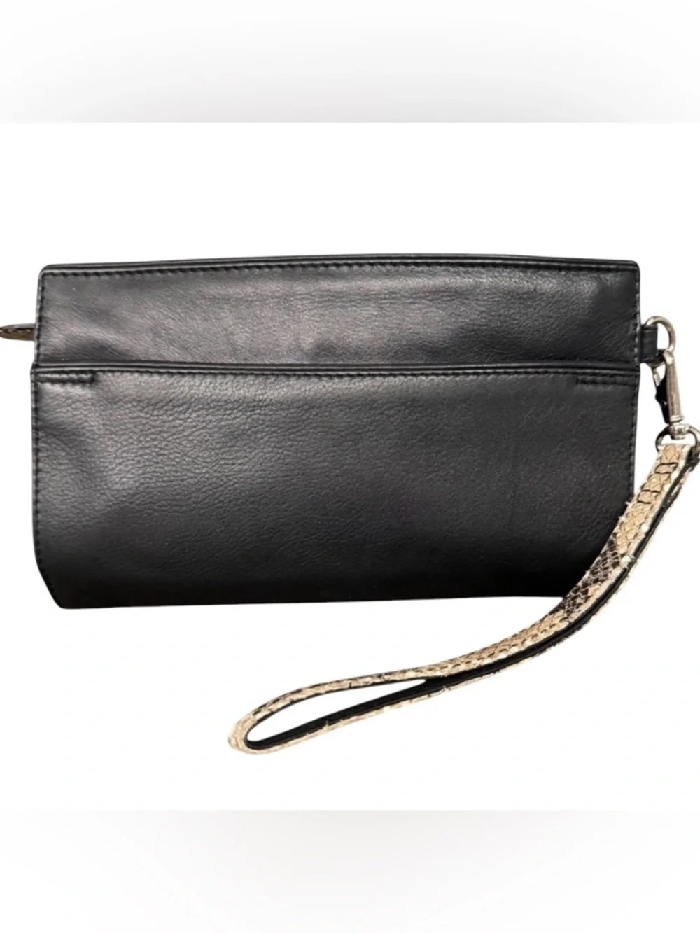 ILI New York Black Genuine Leather Snakeskin Trim Wristlet Clutch Bag Red Lining